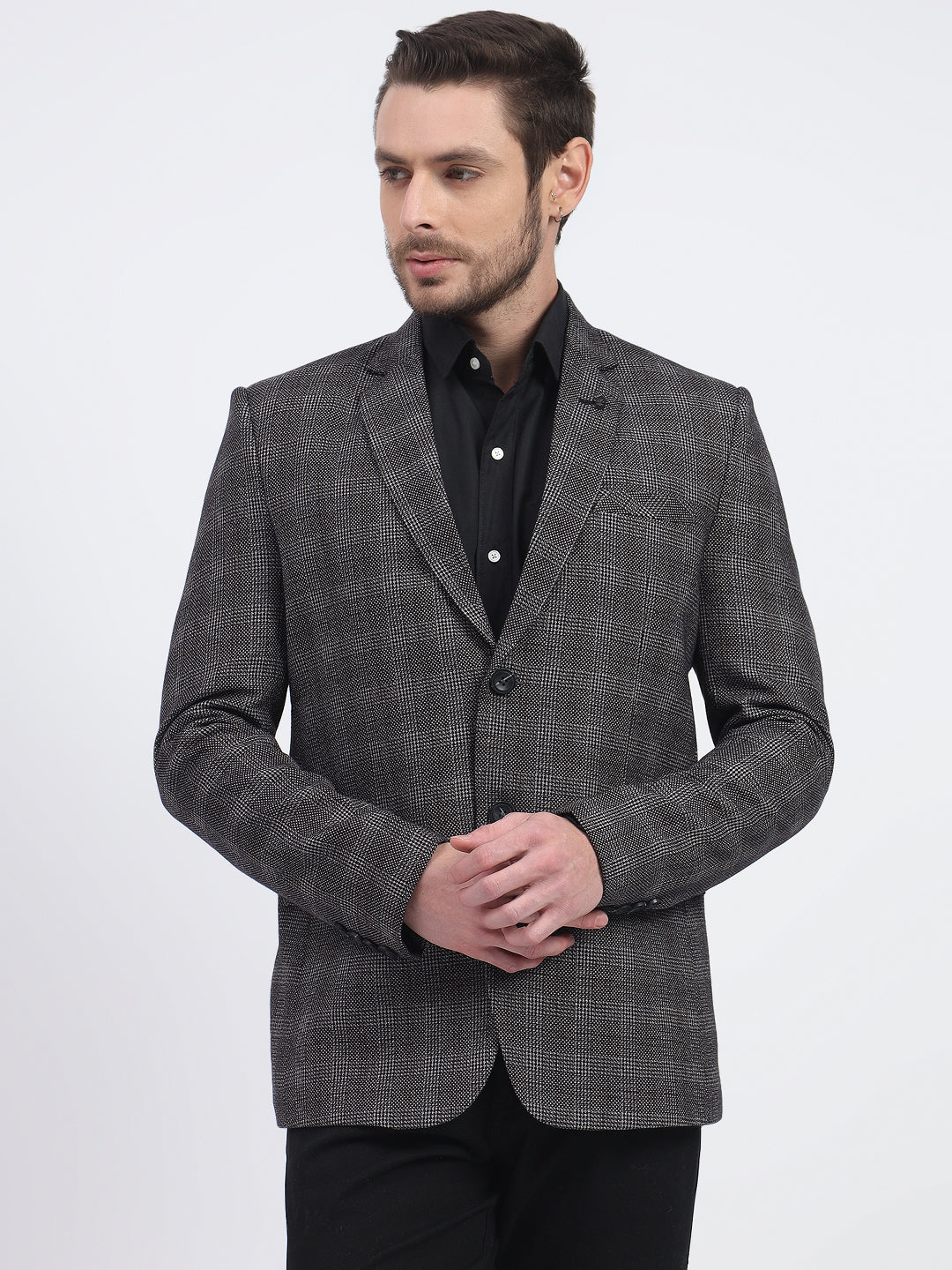 Darelooks Men's Slim Fit Checked Tweed Blazer for Office Wear (Black)